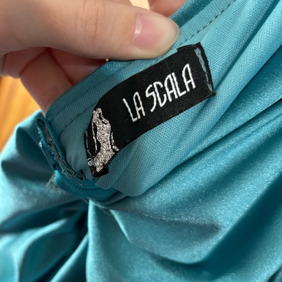 Teal Satin Criss Cross Gown - Picture 10 of 11